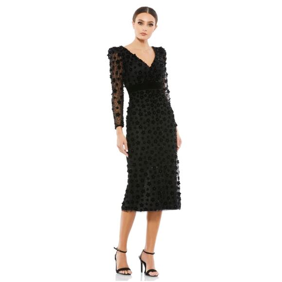 Mac Duggal 18 black Embellished V Neck Illusion Long Sleeve Column Midi dress - Picture 2 of 7